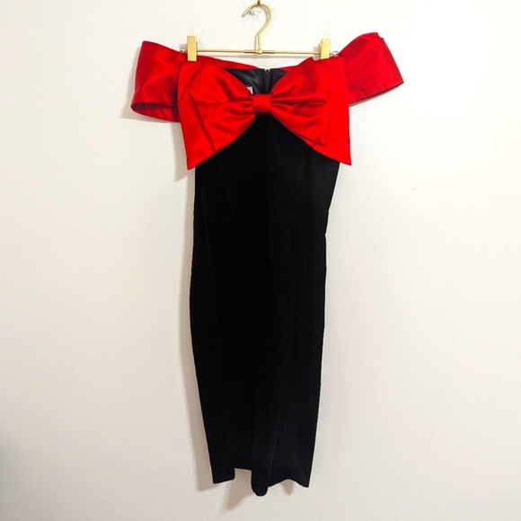 VINTAGE Jessica McClintock for Gunne Sax 5/6 Strapless Black Dress with Red Bow - Picture 1 of 10